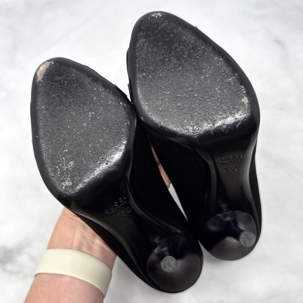 GUCCI Silk Satin Horsebit Swarovski Crystal Embellished Open Toe Pump Heel Black - Picture 10 of 15